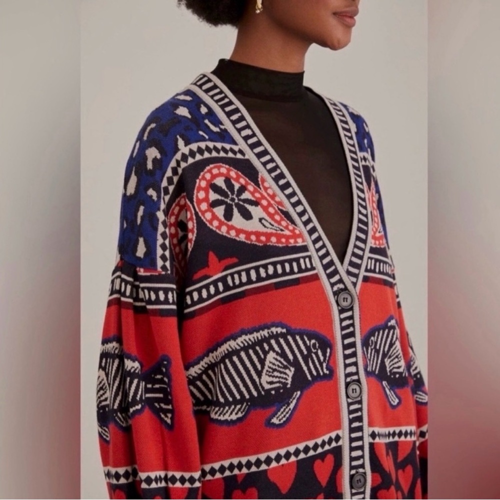 Farm Rio Navy Mixed Prints Knit Cardigan Fish size large - Picture 3 of 3